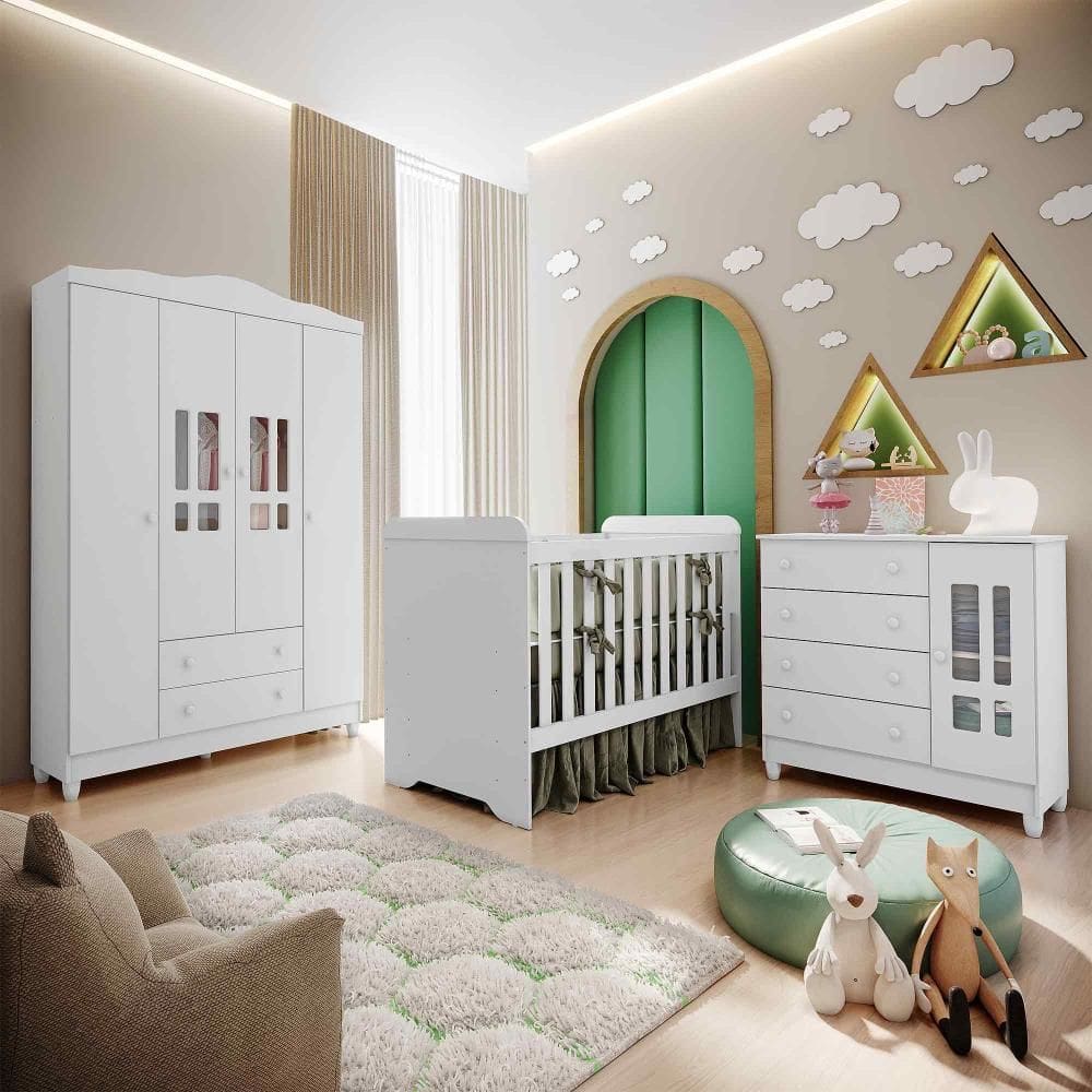 Quarto de Bebê Arie Completo Berço 3 em 1 Gabrielle Guarda Roupa 4 Portas Cômoda Infantil Branco Carolina Baby