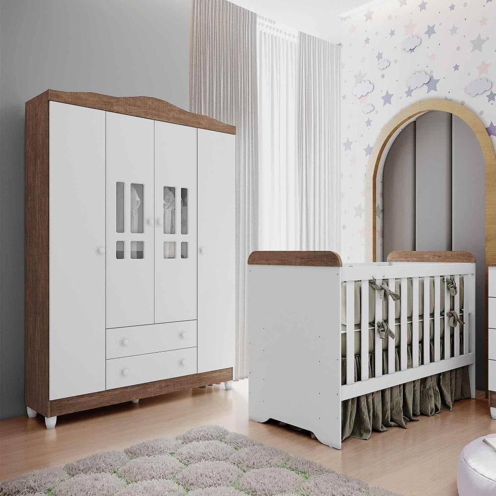 Quarto de Bebê Ariel Berço 3 em 1 Gabrielle Guarda Roupa 4 Portas Infantil Branco Amadeirado Carolina Baby