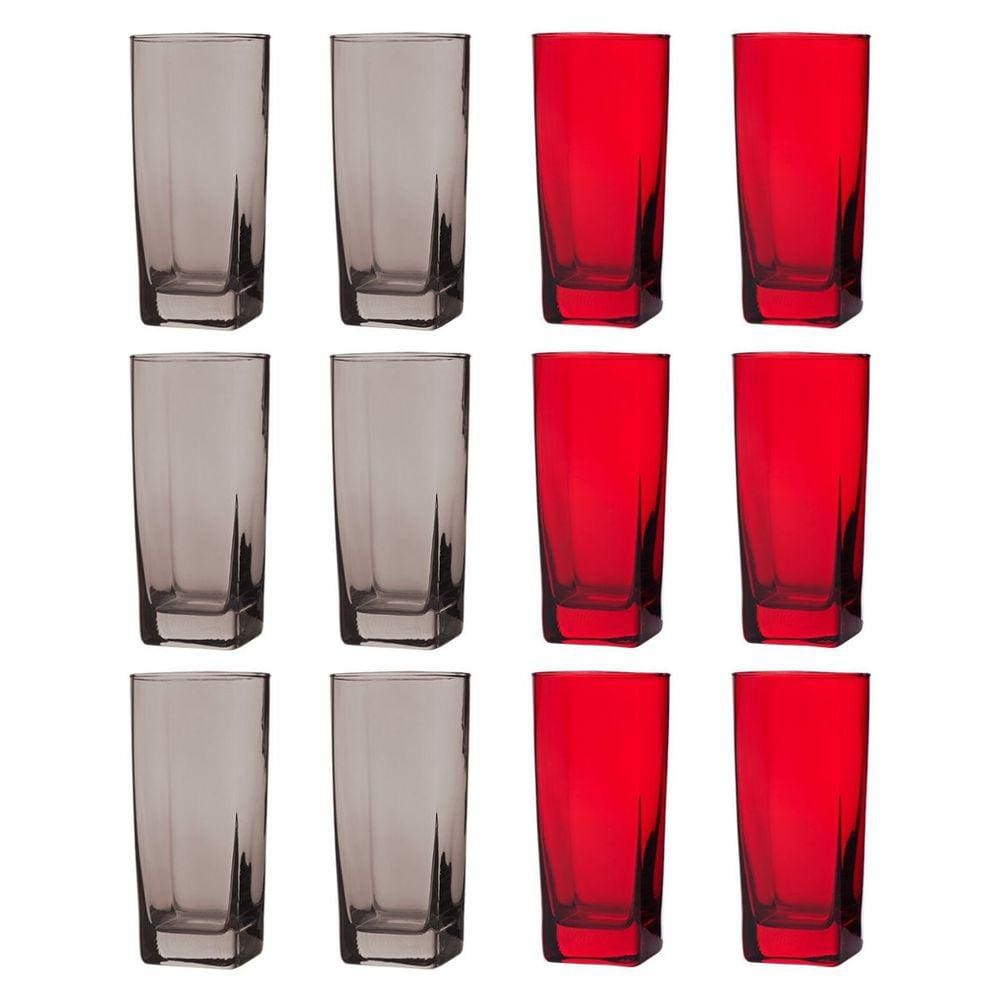12 Copos de 320ml 6x Cinza 6x Vermelho Texas Vidro Quadrado