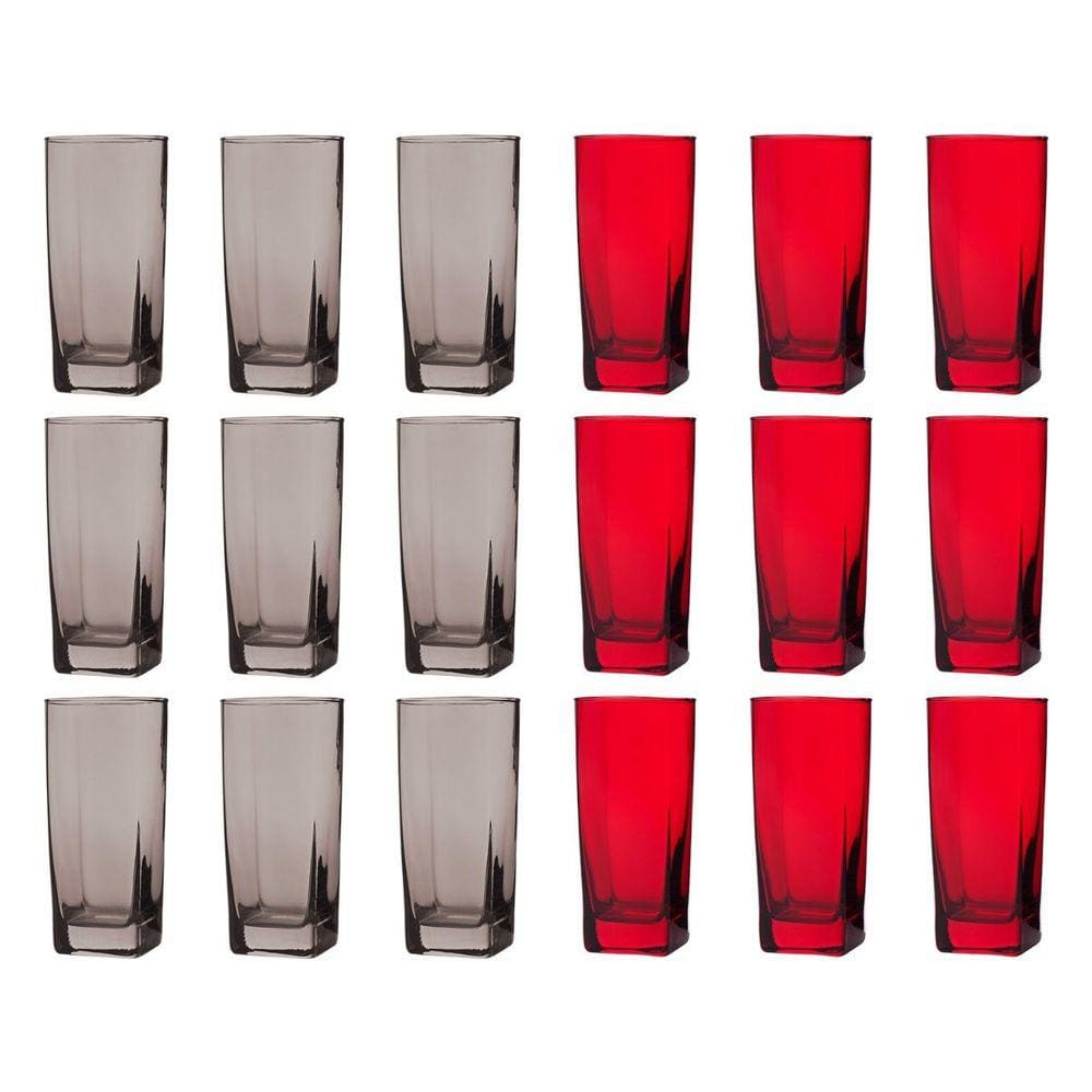 18 Copos de 320ml 9x Cinza 9x Vermelho Texas Vidro Quadrado