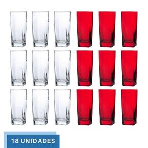 Kit Copos de Vidro 320ml 9 Vermelho / 9 Transparente Texas