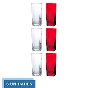 Kit Copos de Vidro 320ml 3 Vermelho / 3 Transparente Texas