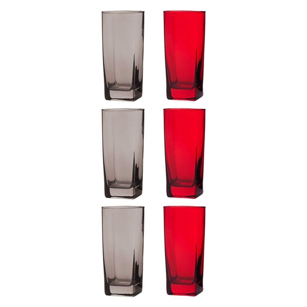 6 Copos de 320ml 3x Cinza 3x Vermelho Texas Vidro Quadrado