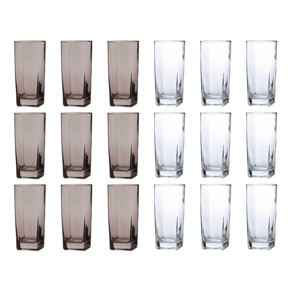 18 Copos 320ml 9x Cinza 9x Transparente Texas Vidro Quadrado