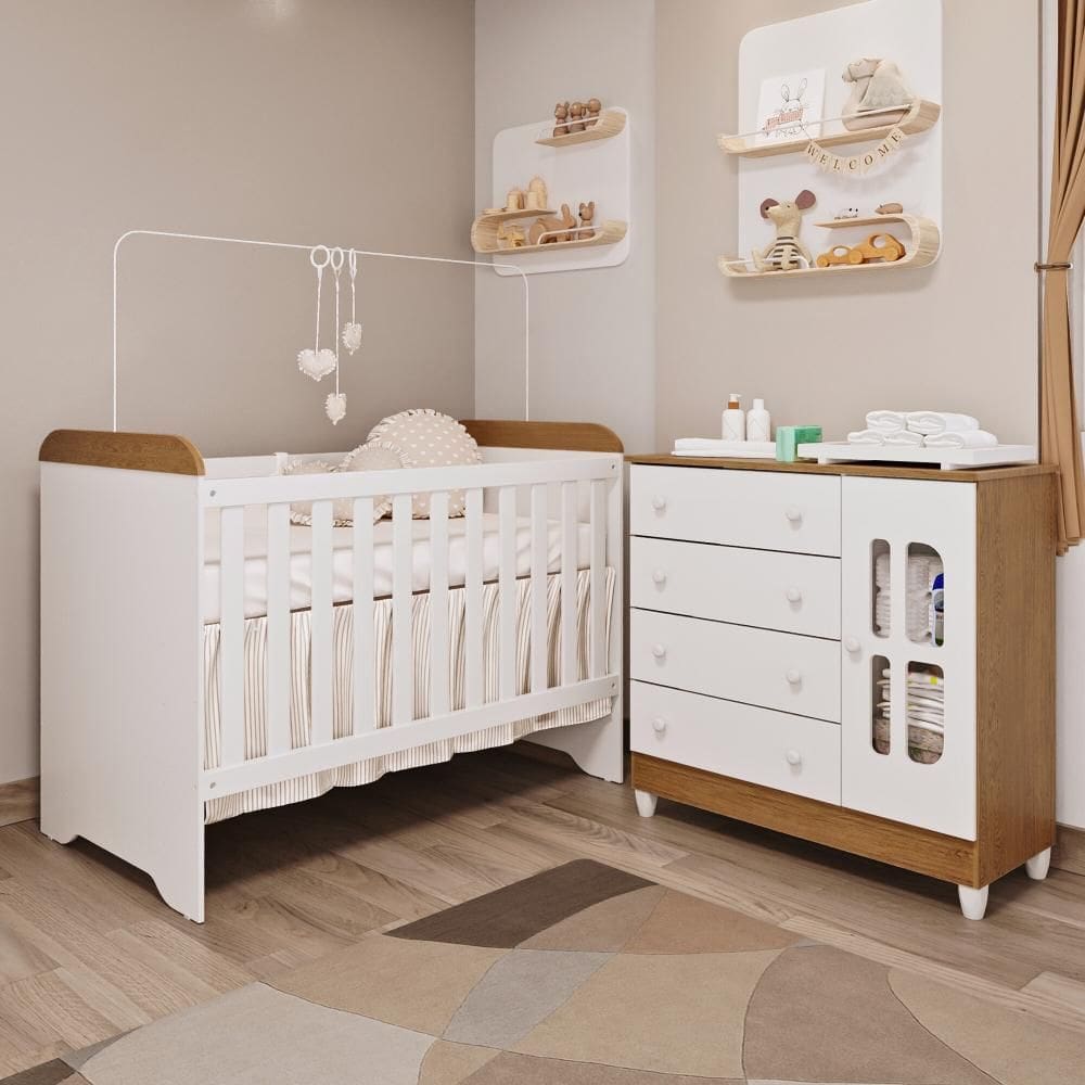 Quarto de Bebê Gabrielle Berço 3 em 1 Cômoda Infantil com Porta Branco com Bétula Carolina Baby