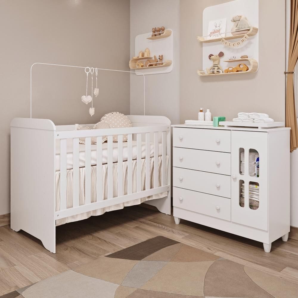 Quarto de Bebê Gabrielle Cômoda com Porta Berço 3 em 1 Branco Carolina Baby