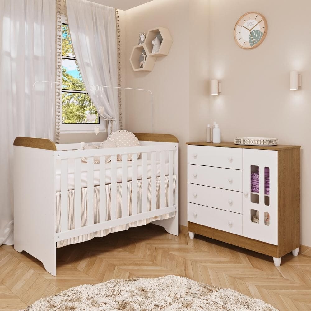 Quarto de Bebê Gabrielle Cômoda com Fraldário Ariel Berço 3 em 1 Branco com Bétula Carolina Baby