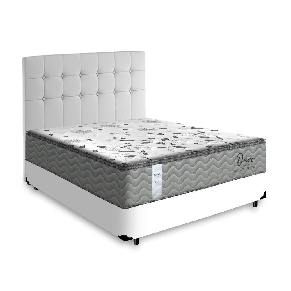 Cama Box + Cabeceira Cassis Branca e Colchão de Molas Casal - Probel - Guarda-Costas Ouro 138cm