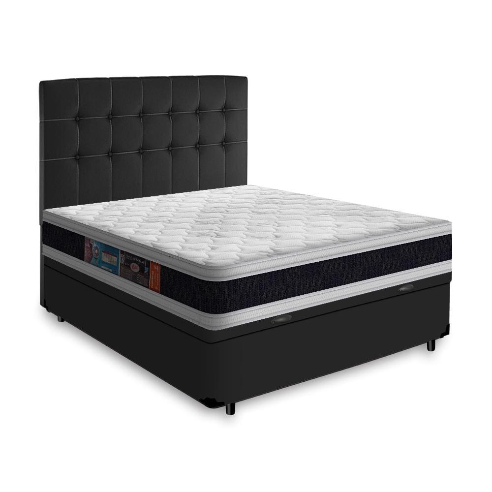 Cama Box Baú + Cabeceira Cassis e Colchão Casal - Castor - Black White D45 - 138x188x69cm Preto