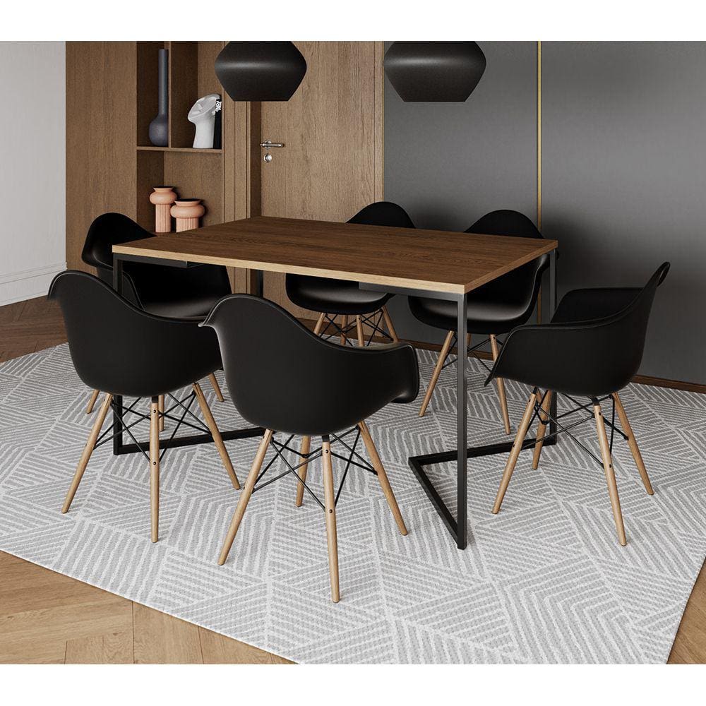 Mesa Jantar Industrial Amêndoa Retangular 137x90cm Base V Ferro Preto com 6 Poltronas Eames Eiffel P