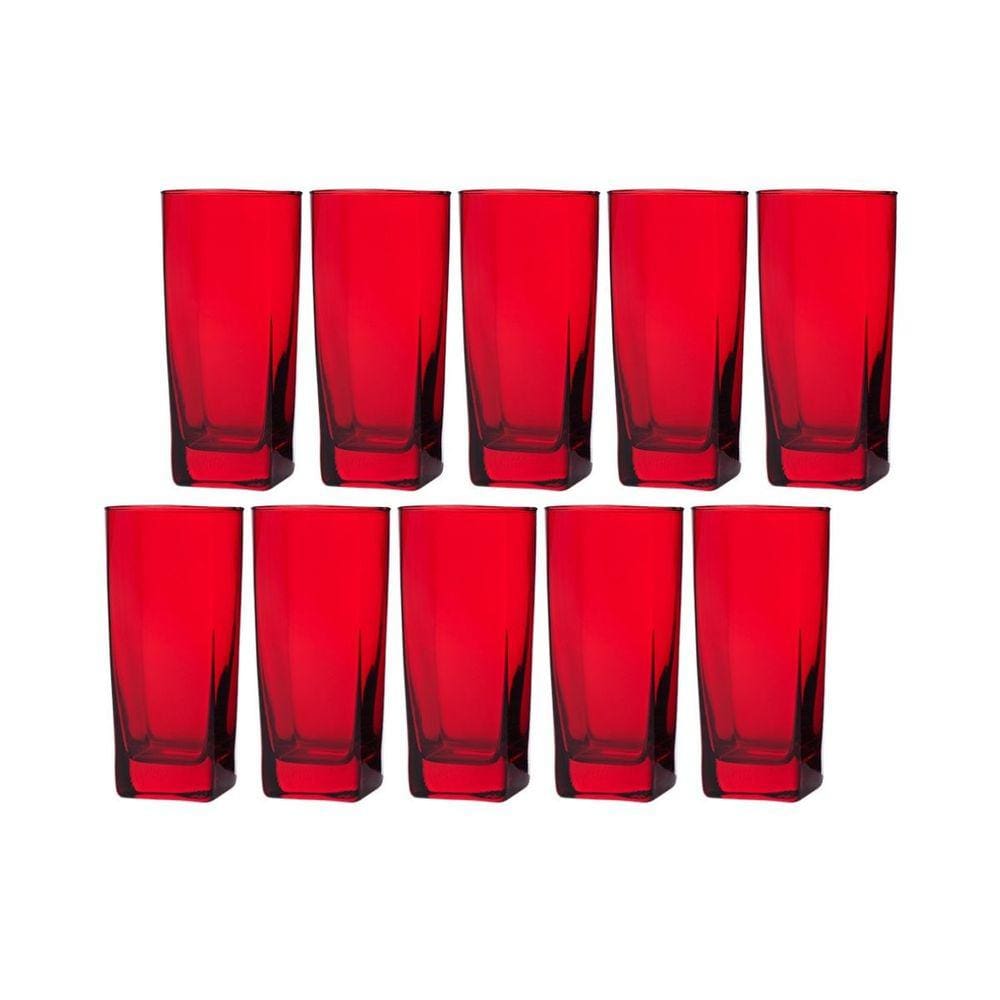 Conjunto Com 10 Copos Vidro Bali Quadrado 320ml Vermelho