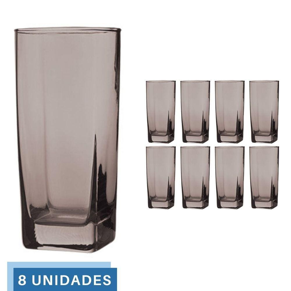 Copo Vidro 320ml Quadrado BALI Jogo com 8 Cinza Luxo Agua