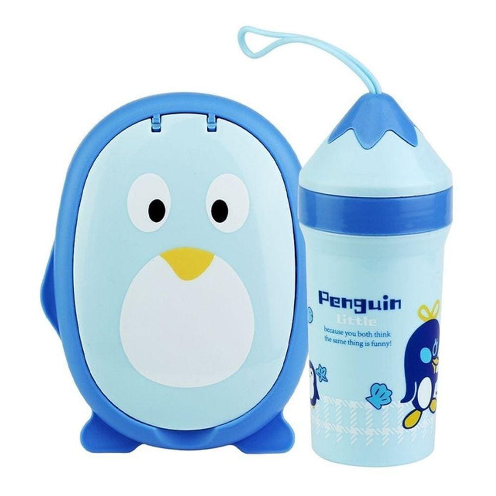 Kit Marmita Pinguim Talheres Copo c/Tampa Lancheira Infantil