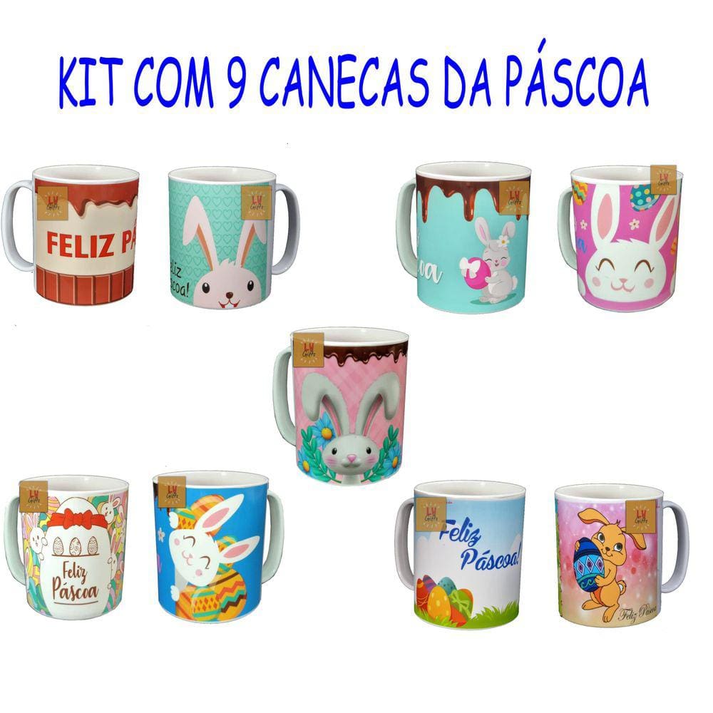 KIT com 9 Canecas Páscoa Café Chá 350ml Lembrança Presentes
