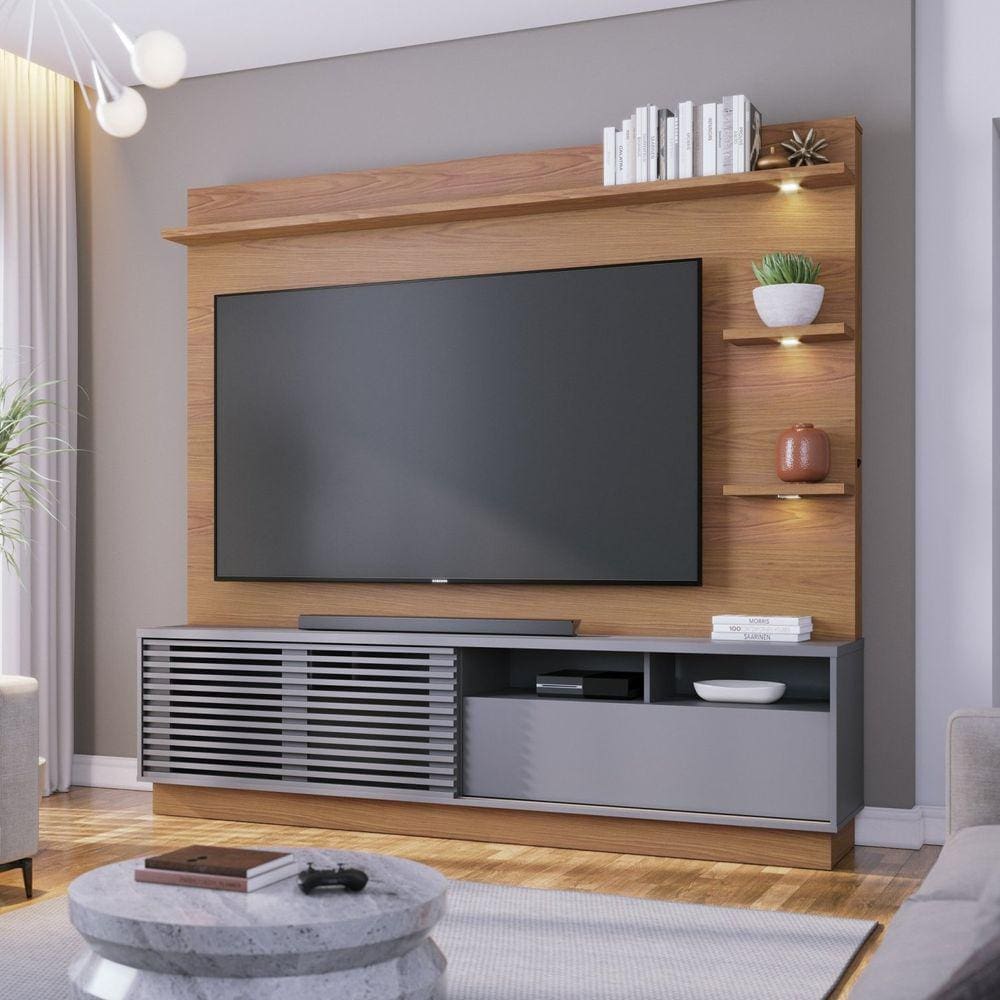 Estante Home Theater com Led Para TV até 70 Polegadas 1 Porta Campeche Colibri Freijó/Cinza