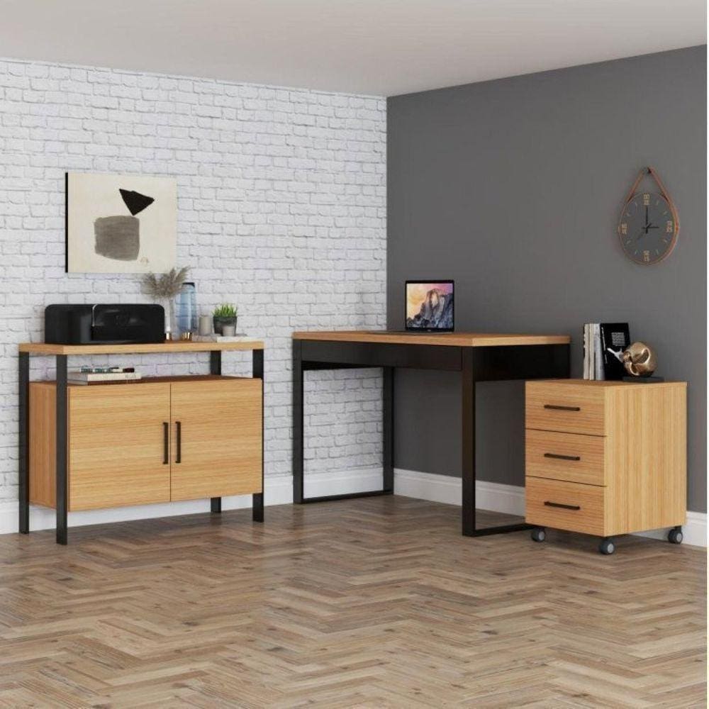 Conjunto Home Office 3 Peças 1 Escrivaninha 1 Gaveteiro 1 Balcão Estilo Industrial Pradel Móveis Freijó/Preto