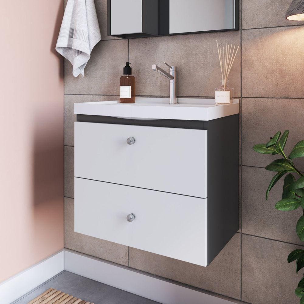 Gabinete Para Banheiro Suspenso 50cm com 1 Porta 1 Gaveta LVP01 Versato Nova Móbile Grafite/Branco
