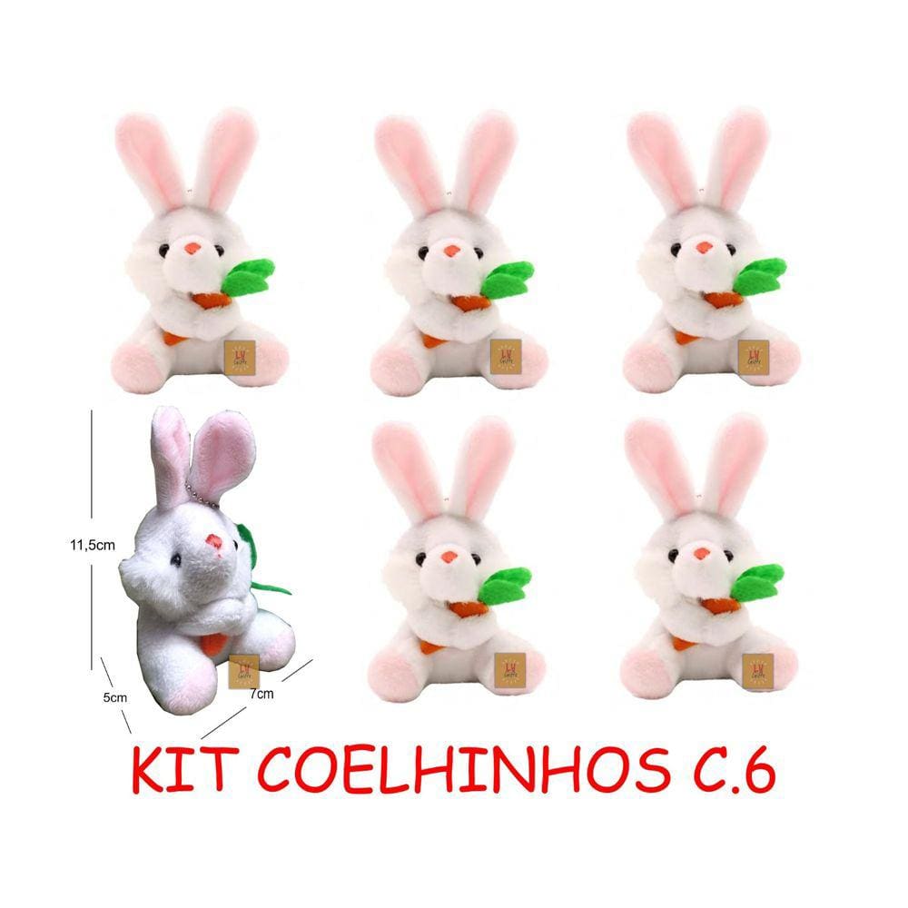 Kit 6 Coelhos de Pelúcia Páscoa Presente Decoração Enfeite