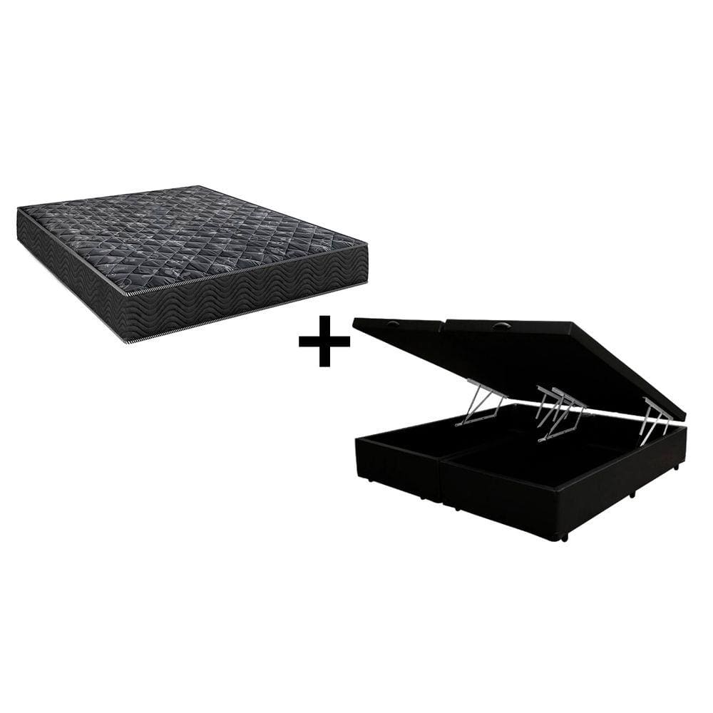 Cama Box Baú Casal 138 Bipartido Tecido Sintético Preto com Colchão Lisboa Espuma D28 Preto