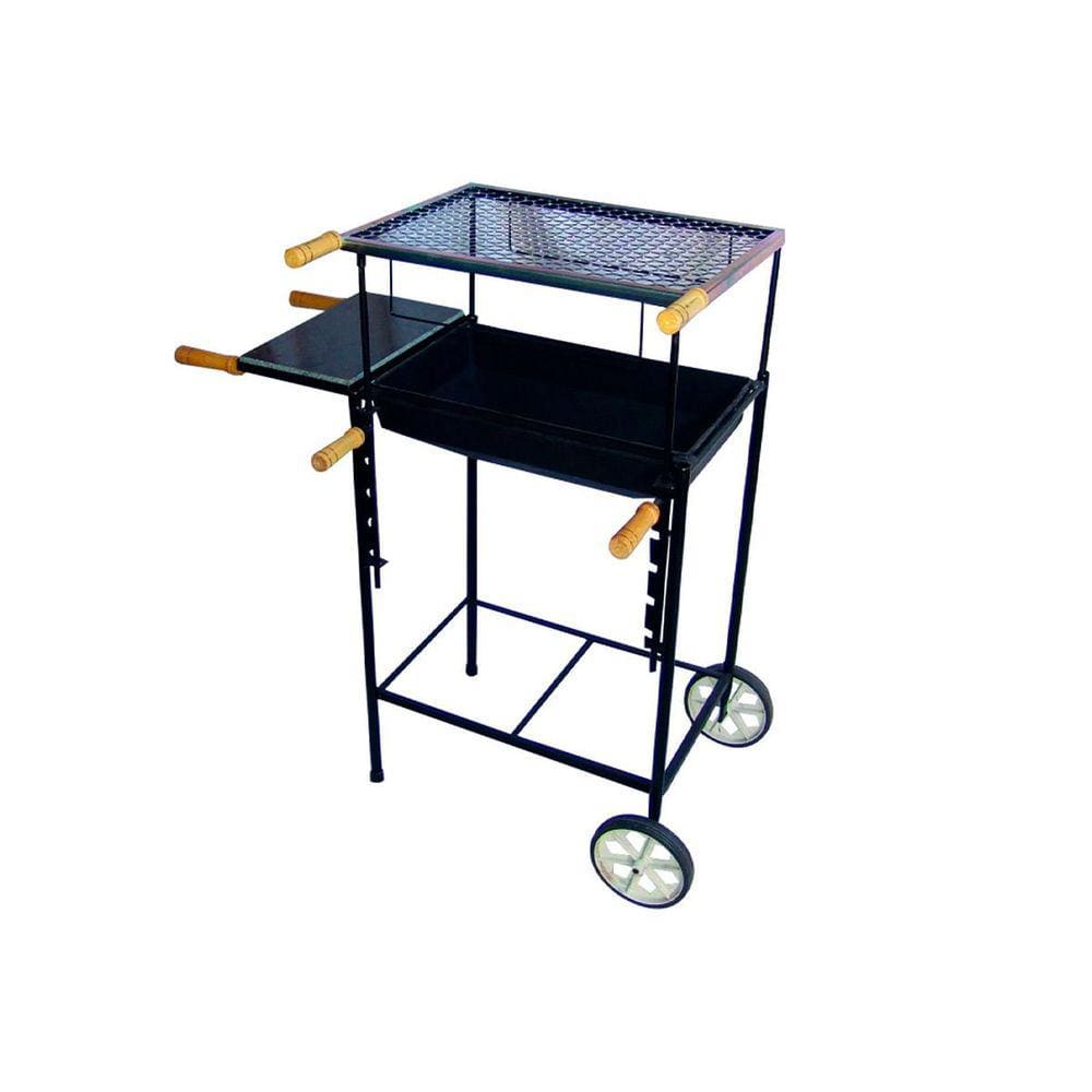 Kit Churrasqueira Retangular Regulável Rodas Pedra Grelha P