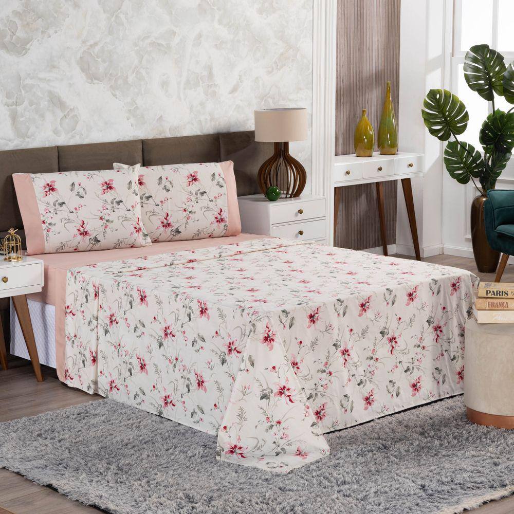 Jogo de Lençol King 4 Peças Estampado Urbe 200 Fios Floral Casa Dona