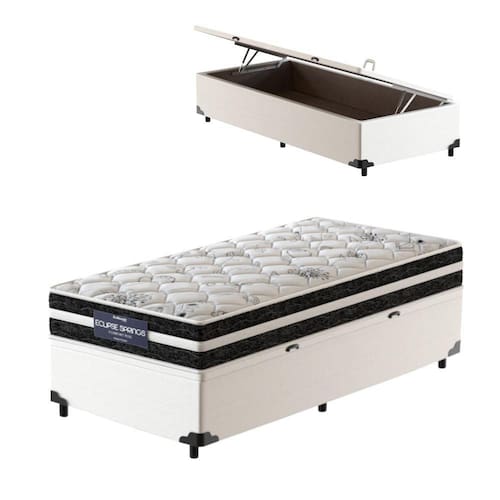 Cama Box Baú Solteiro King Branca + Colchão de Molas Ensacadas - Probel Eclipse Springs 96x203x62cm Menor preço em Cama Box Baú Solteiro King Branca + Colchão de Molas Ensacadas - Probel Eclipse Springs 96x203x62cm