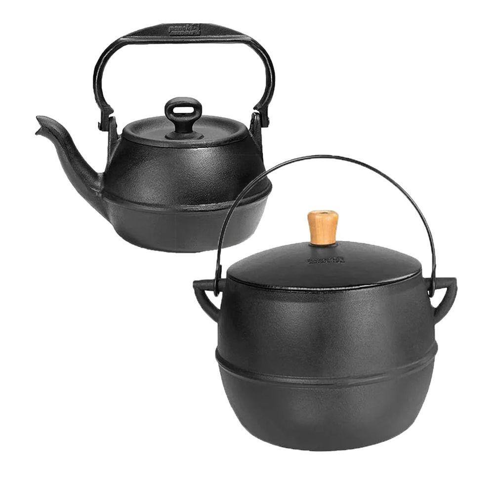 Kit Caldeirão Bojudo 4L e Chaleira Tradição Alça Ferro 2L