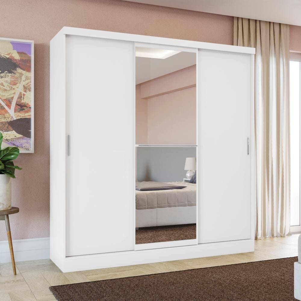 Guarda Roupa Casal Com Espelho 3 Portas 3 Gavetas Branco