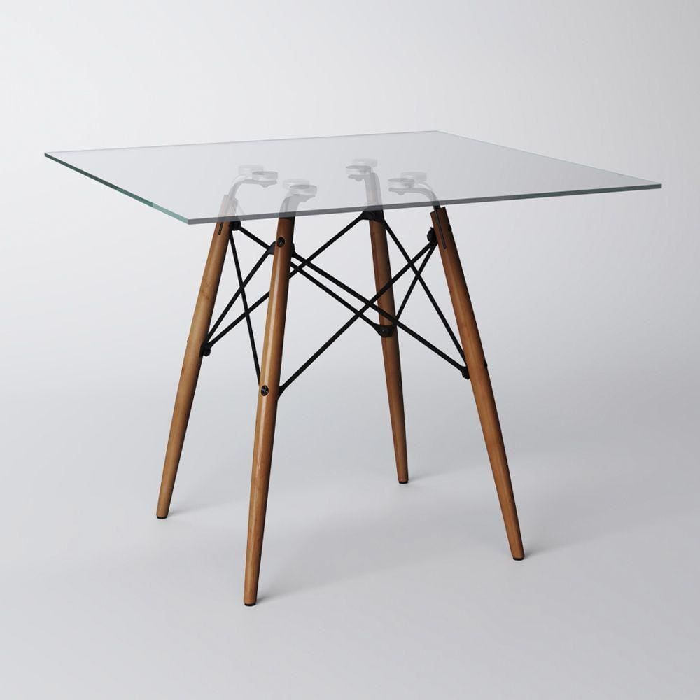 Mesa De Jantar Vidro Quadrada Base Madeira Maciça Marrom