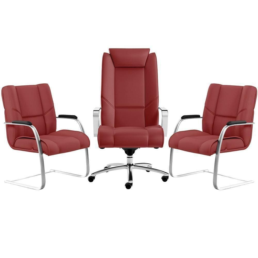Kit Cadeira Presidente Com 2 Cadeiras Fixas Vermelho