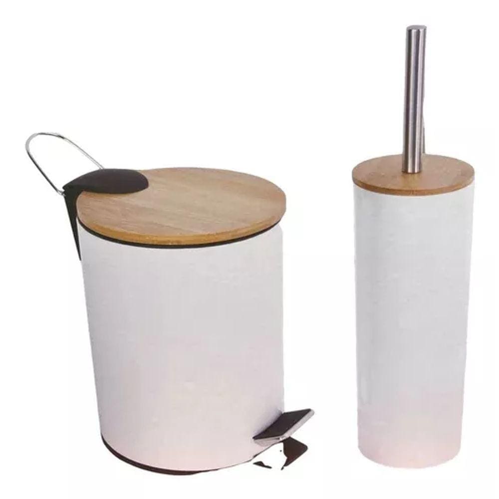 Conjunto Lixeira 3l E Escova Sanitária Branco Tampo Bambu