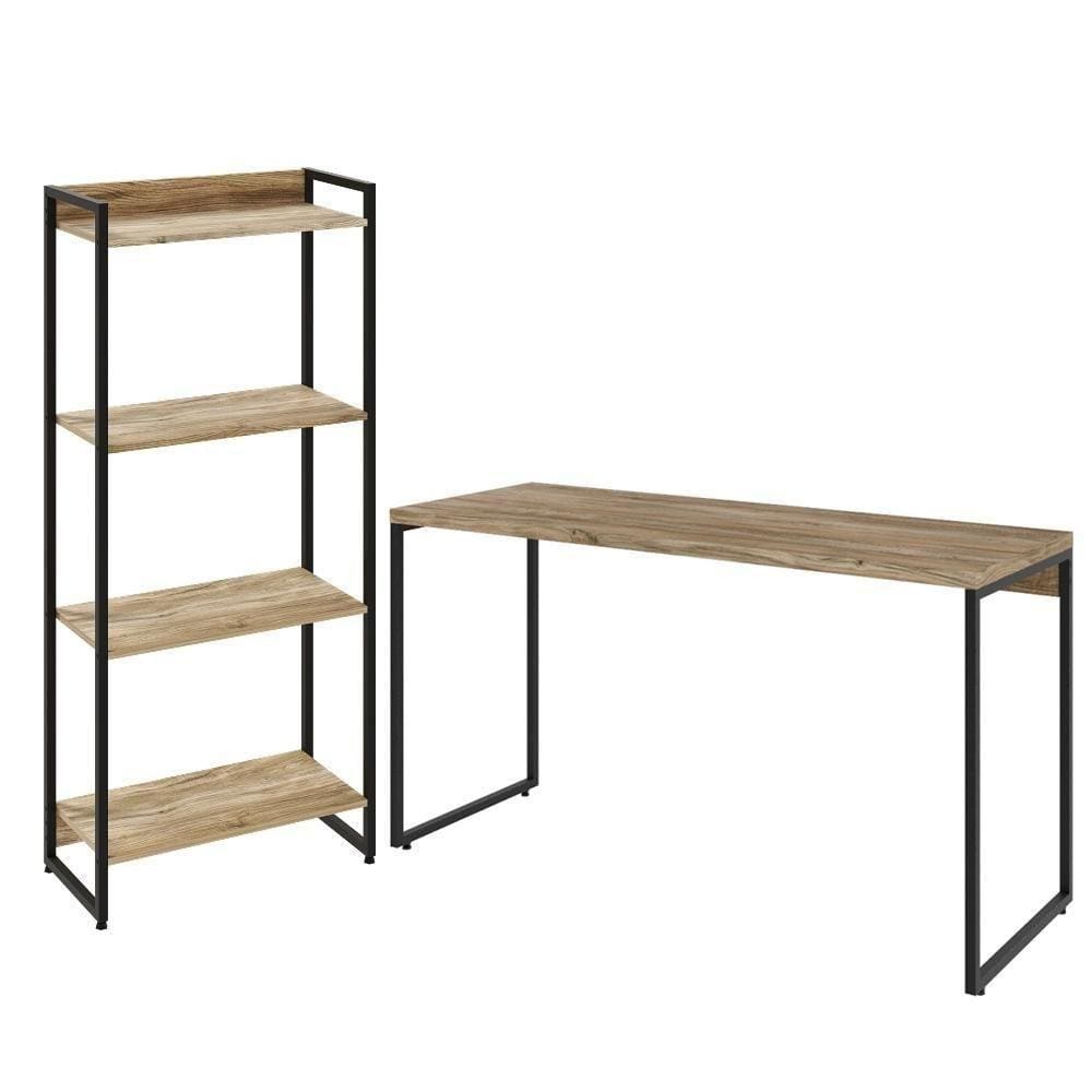 Kit Escritório Estante 4 Prateleiras Mesa 135Cm Carvalho