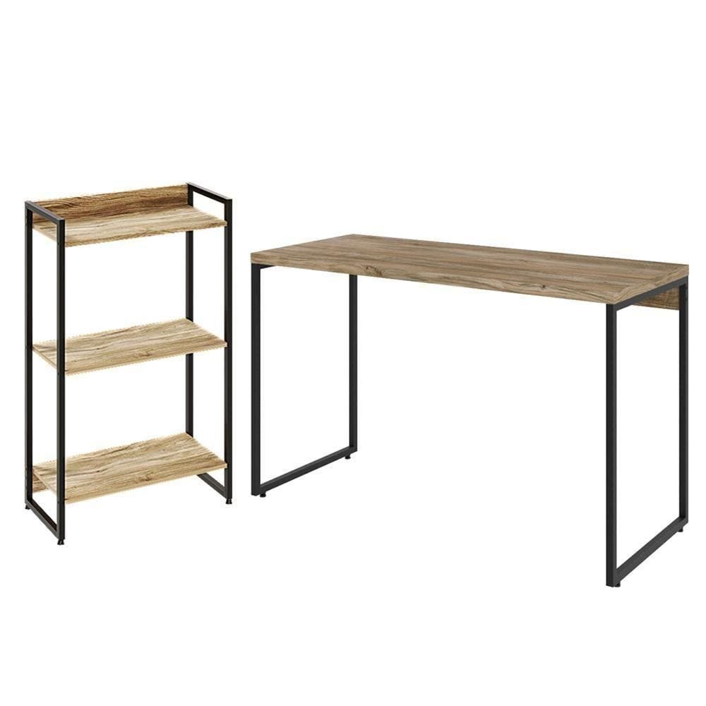 Kit Escritório Estante 3 Prateleiras Mesa 120Cm Carvalho