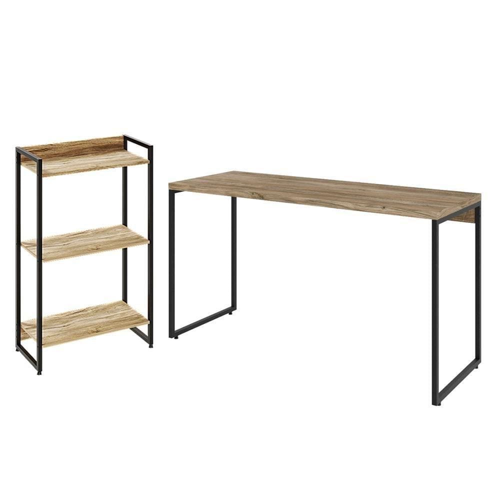Kit Escritório Estante 3 Prateleiras Mesa 135Cm Carvalho