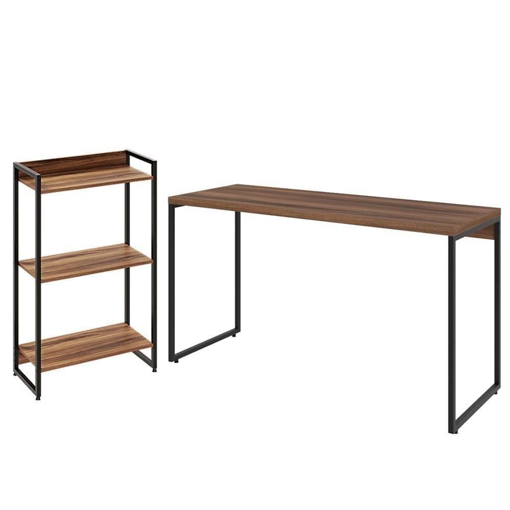 Kit Escritório Estante 3 Prateleiras Com Mesa 135Cm Nogal