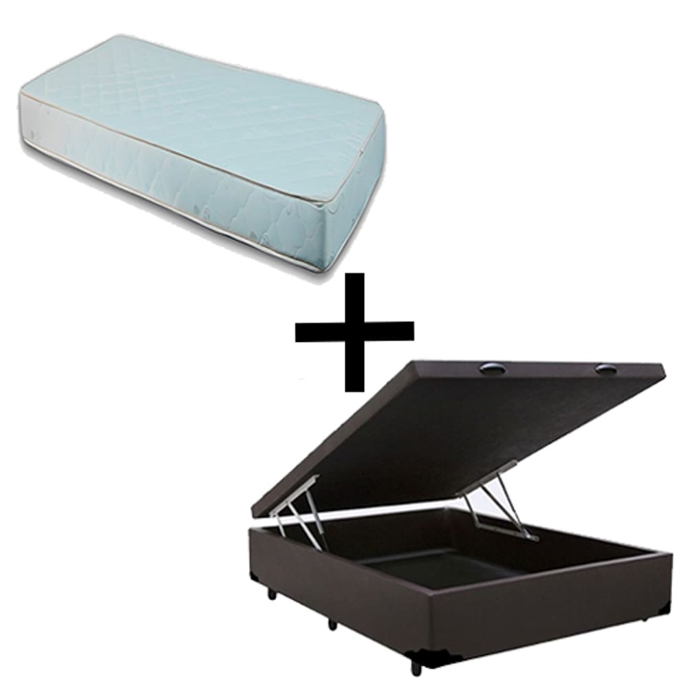 Cama Box Baú Casal 138 - Tecido Sintético Marrom com Colchão Munique Bello Box - 100% Espuma - D33 Branco 55x138x188