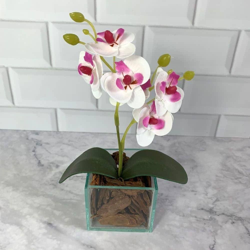 Arranjo Orquídea Artificial + Vaso Vidro com Cascalho