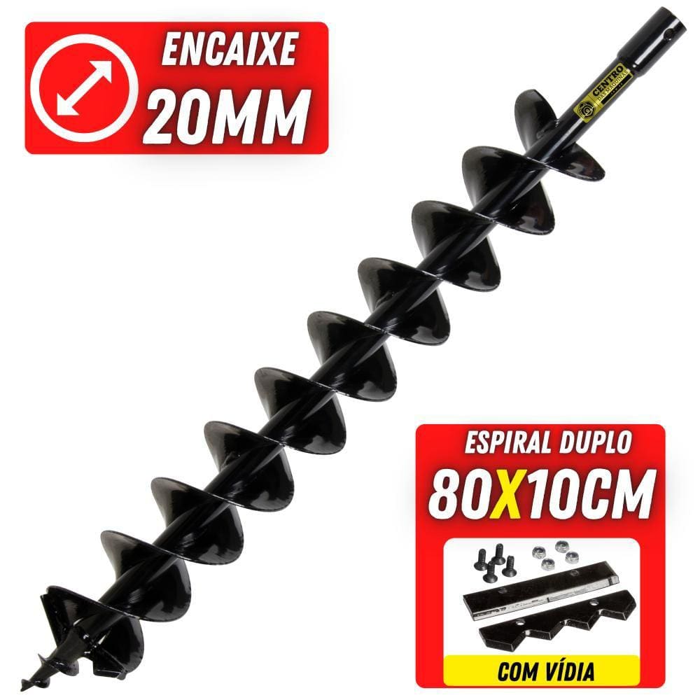 Broca Com Lâmina de Vídia e Espiral Duplo Kawashima Diâmetro 10cm e Altura 80cm Para Perfuradores de Solo Profissional Com Pino Trava