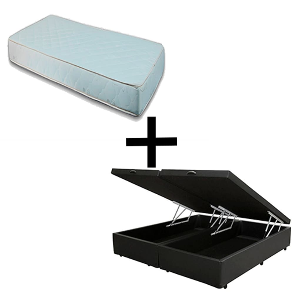 Cama Box Baú Casal 138 Bipartido - Tecido Sintético Preto com Colchão Munique Bello Box - 100% Espuma - D33 Branco 55x138x188