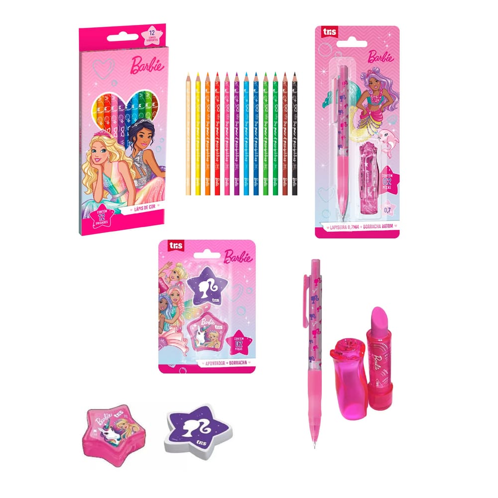 Kit Escolar Barbie 15pcs Lápis de Cor, Lapiseira, Apontador