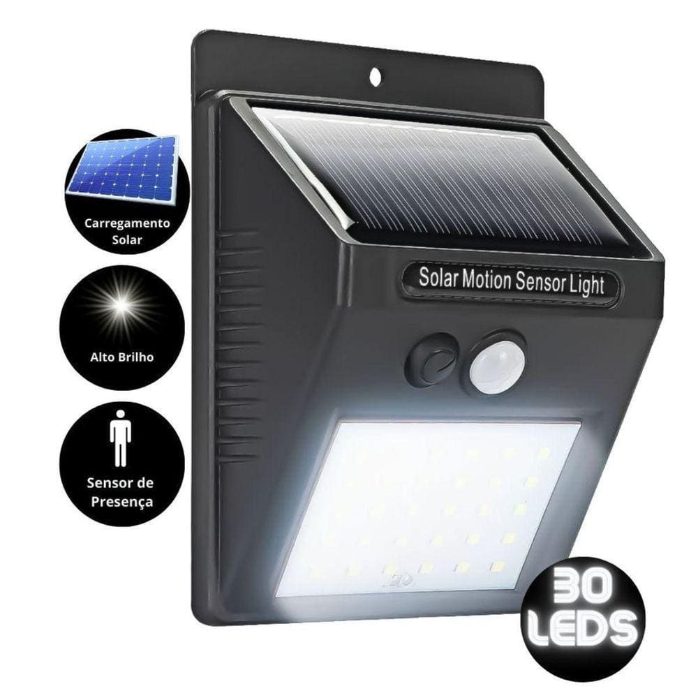 Luminária Solar 30 Led Com Sensor 6W Jardim Prova D`Água