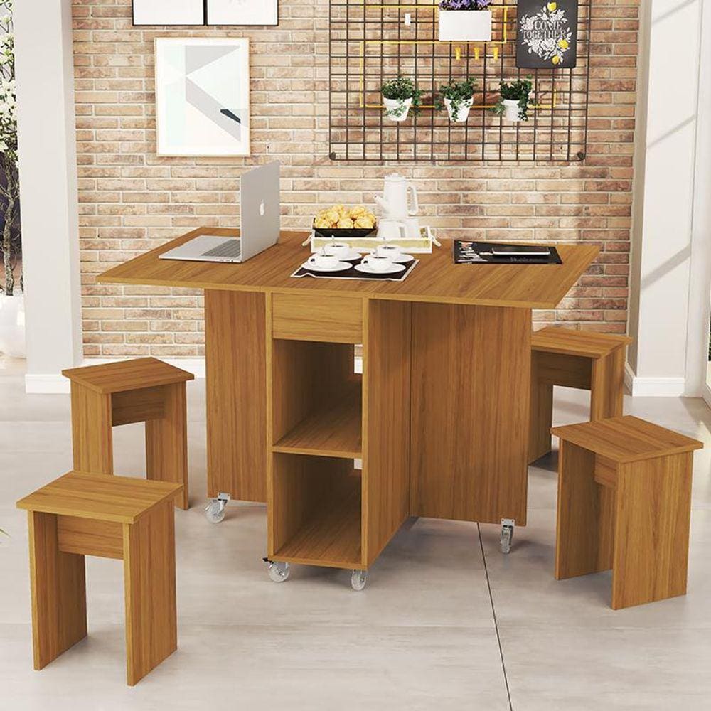 Mesa Dobrável Jade Com 4 Bancos De Encaixe e Rodízios