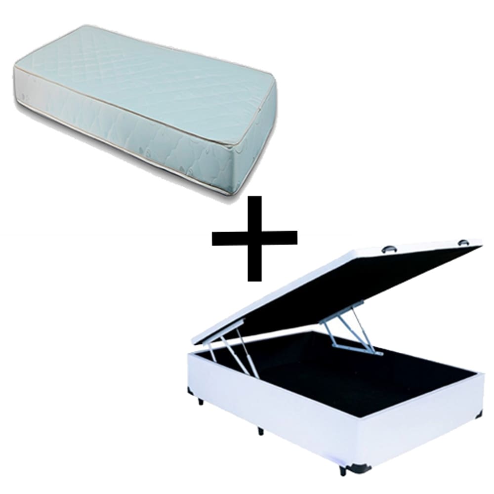 Cama Baú Box Viúva 128 - Tecido Sintético Branco com Colchão Munique Bello Box - 100% Espuma - D33 Branco 55x128x188