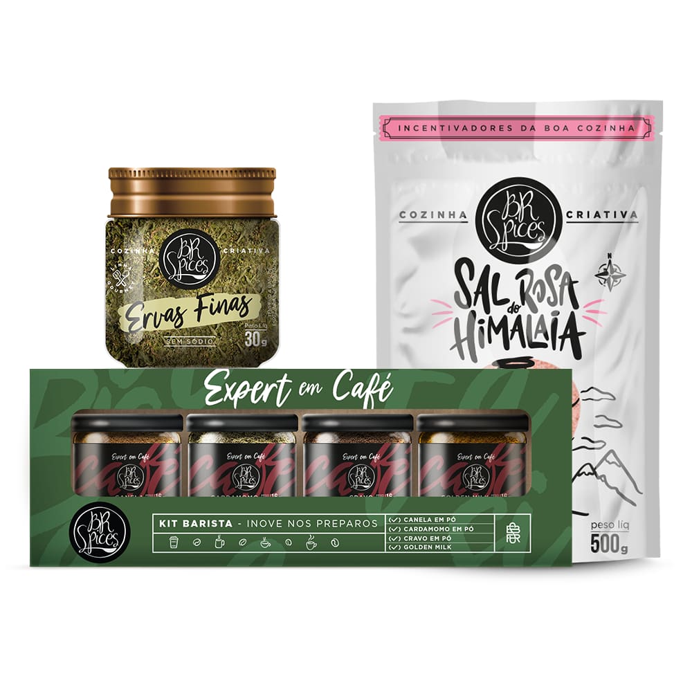 Kit com Sal Rosa Himalaia Fino 500g + Tempero Pote BR Spices Ervas Finas + Kit Barista