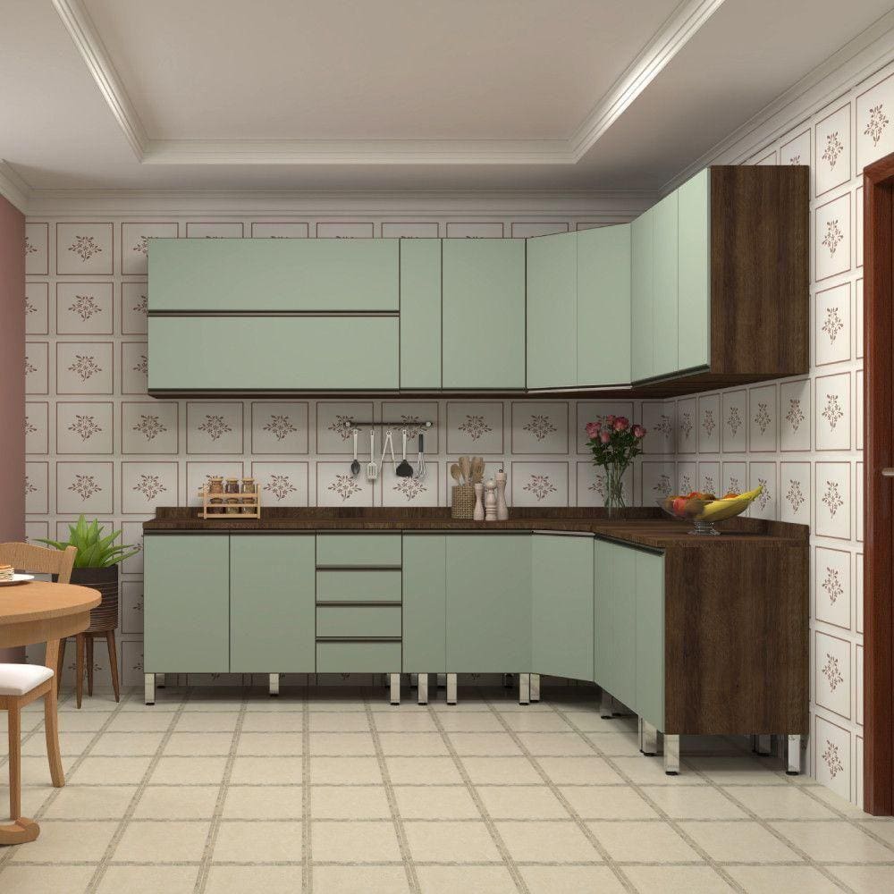 Armário De Cozinha De Canto C/12 Peças Dourado C/Verde