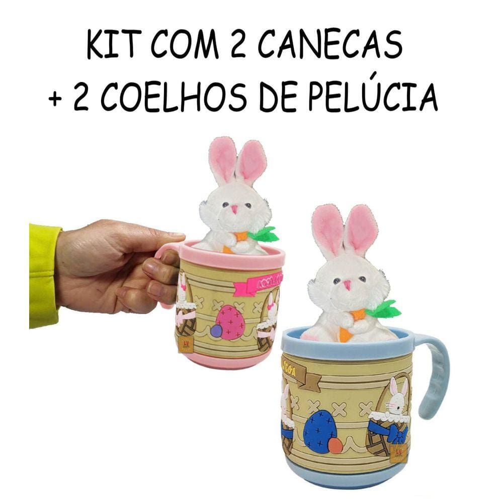 Kit 2 Canecas Emborrachada + 2 Coelhos Páscoa Pelúcia