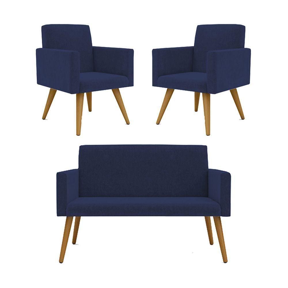 Kit Namoradeira + 2 Poltronas Decorativas Sala azul Marinho