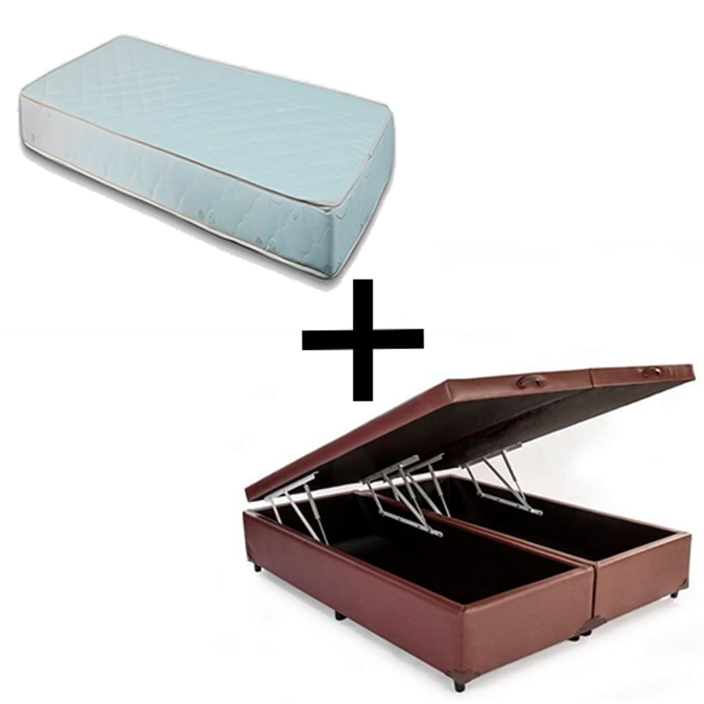 Cama Box Baú King 193 - Tecido Sintético Marrom com Colchão Munique Bello Box - 100% Espuma - D33 Branco 55x193x203