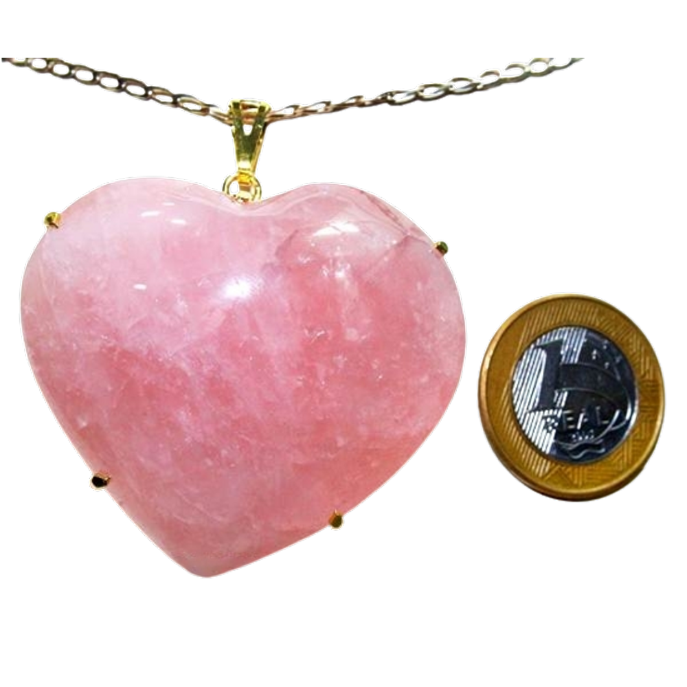 Colar Gigante Coração Quartzo Rosa na Garra Dourado