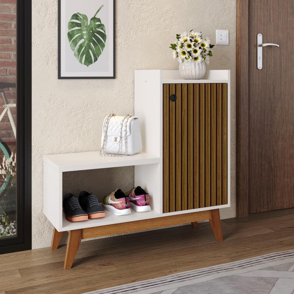 Sapateira Organizadora Com Prateleiras Porta E Nicho Shoes - Off White/Ripado Nature - Lojas RPM